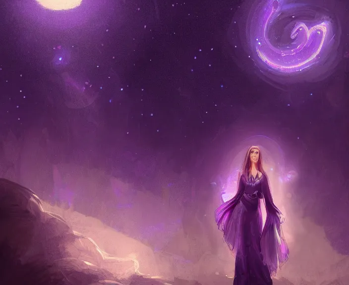 Image similar to an illustration of a mystical spiritual scene with a young woman in it, with starry dusted light, purple - tinted, wide - angle, high contrast, highly detailed, sharp focus, digital painting, illustration, trending on artstation,