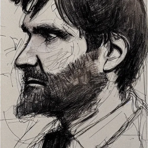 Image similar to a realistic yet scraggly portrait sketch of the side profile of a stern and sophisticated ben gibbard, trending on artstation, intricate details, in the style of frank auerbach, in the style of sergio aragones, in the style of martin ansin, in the style of david aja, in the style of mattias adolfsson