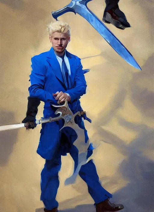 Prompt: greg manchess portrait painting of a blond man in a blue suit with a big sword, asymmetrical, profile picture, organic painting, sunny day, matte painting, bold shapes, hard edges, street art, trending on artstation, by huang guangjian, gil elvgren, ruan jia, randy vargas, greg rutkowski