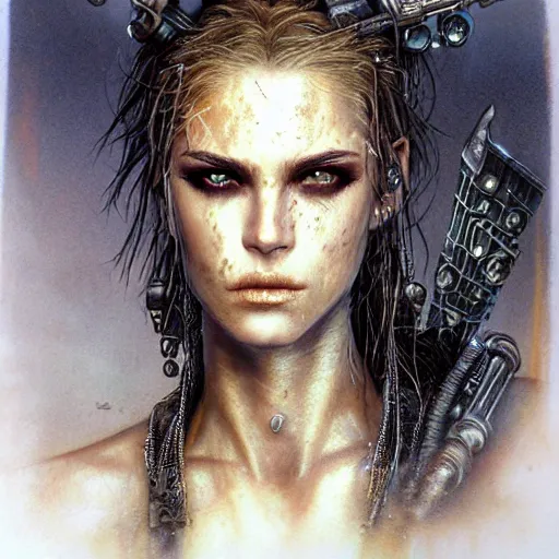 Prompt: an award finning closeup facial portrait by luis royo and john howe of a very beautiful and attractive female bohemian cyberpunk traveller aged 1 5 with green eyes and freckles in clothed in excessively fashionable cyberpunk gear and wearing ornate warpaint