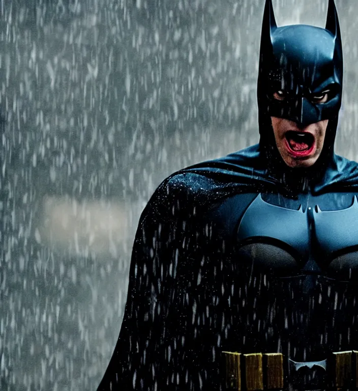 Prompt: cinematic still of tobey maquire as batman, screaming in pain, dramatic rain, 8 k