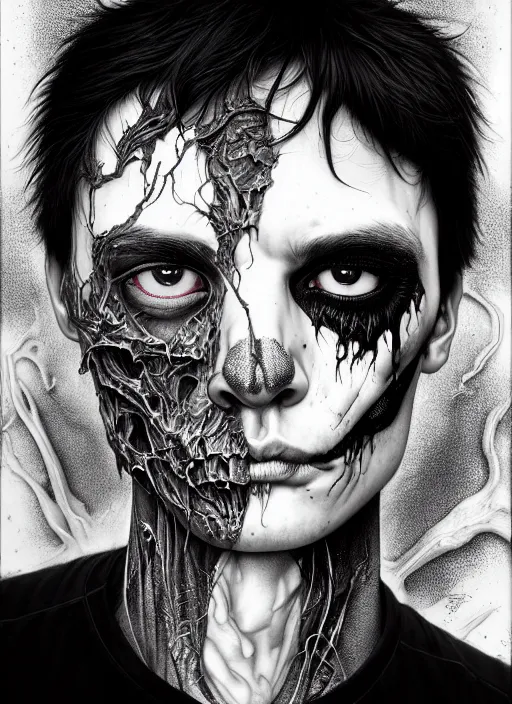 Prompt: a dream portrait of a shy boy, black & white, melting, webbing, 8 k, by tristan eaton, stanley artgerm, tom bagshaw, greg rutkowski, carne griffiths, ayami kojima, beksinski, giger, trending on deviantart, face enhance, hyper detailed, minimalist, horror, alien