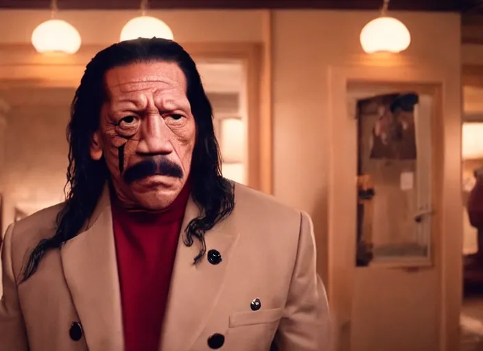 Prompt: movie still of danny trejo starring in a new wes anderson film, cinematic shot, shot on alexa mini, stunning cinematography, golden hour, filmgrain, kodak vision 2 0 0 t, shot composition