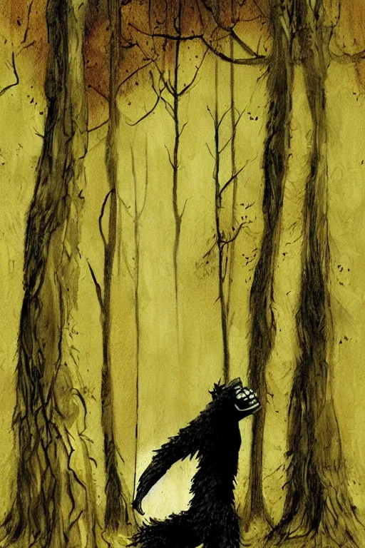 Image similar to happy bigfoot in the woods artwork by ben templesmith