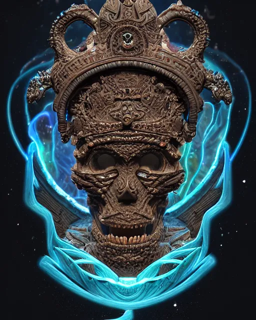 Image similar to 3 d ornate carved dark cosmic king with tattoos profile portrait, sigma 5 0 0 mm f / 5. beautiful intricate highly detailed quetzalcoatl skull. bioluminescent, plasma, lava, ice, water, wind, creature, thunderstorm! artwork by tooth wu and wlop and beeple and greg rutkowski, 8 k trending on artstation