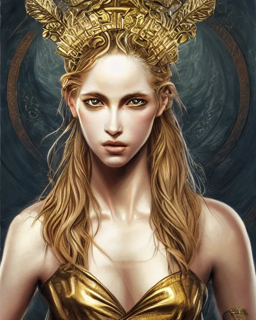 Image similar to front view of beautiful aphrodite greek goddess wearing a gold laurel wreath and triangle earrings, realism tattoo sketch, beautiful piercing eyes with sharp pupils, beautiful blonde hair, in the style of greg rutkowski, fantasy, amazing detail, epic, elegant, smooth, sharp focus