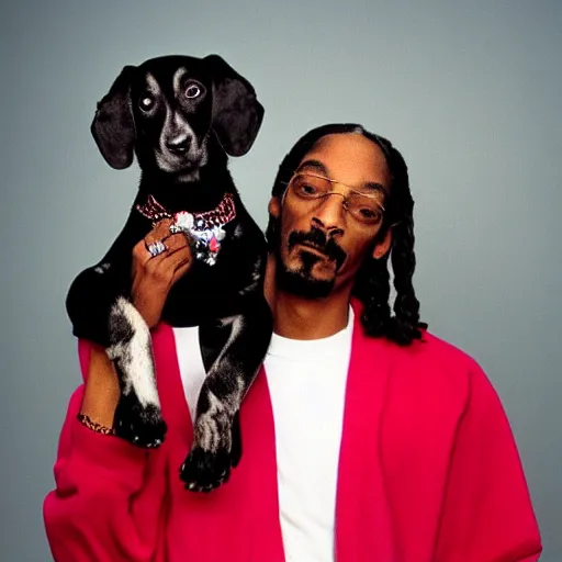 Image similar to Snoop Dogg holding a puppy for a 1990s sitcom tv show, Studio Photograph, portrait, C 12.0