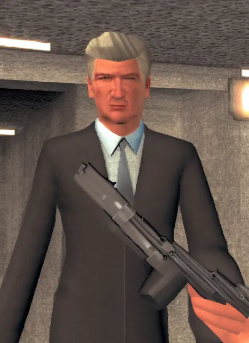 Image similar to screenshot of david lynch in goldeneye 6 4 for nintendo 6 4, n 6 4