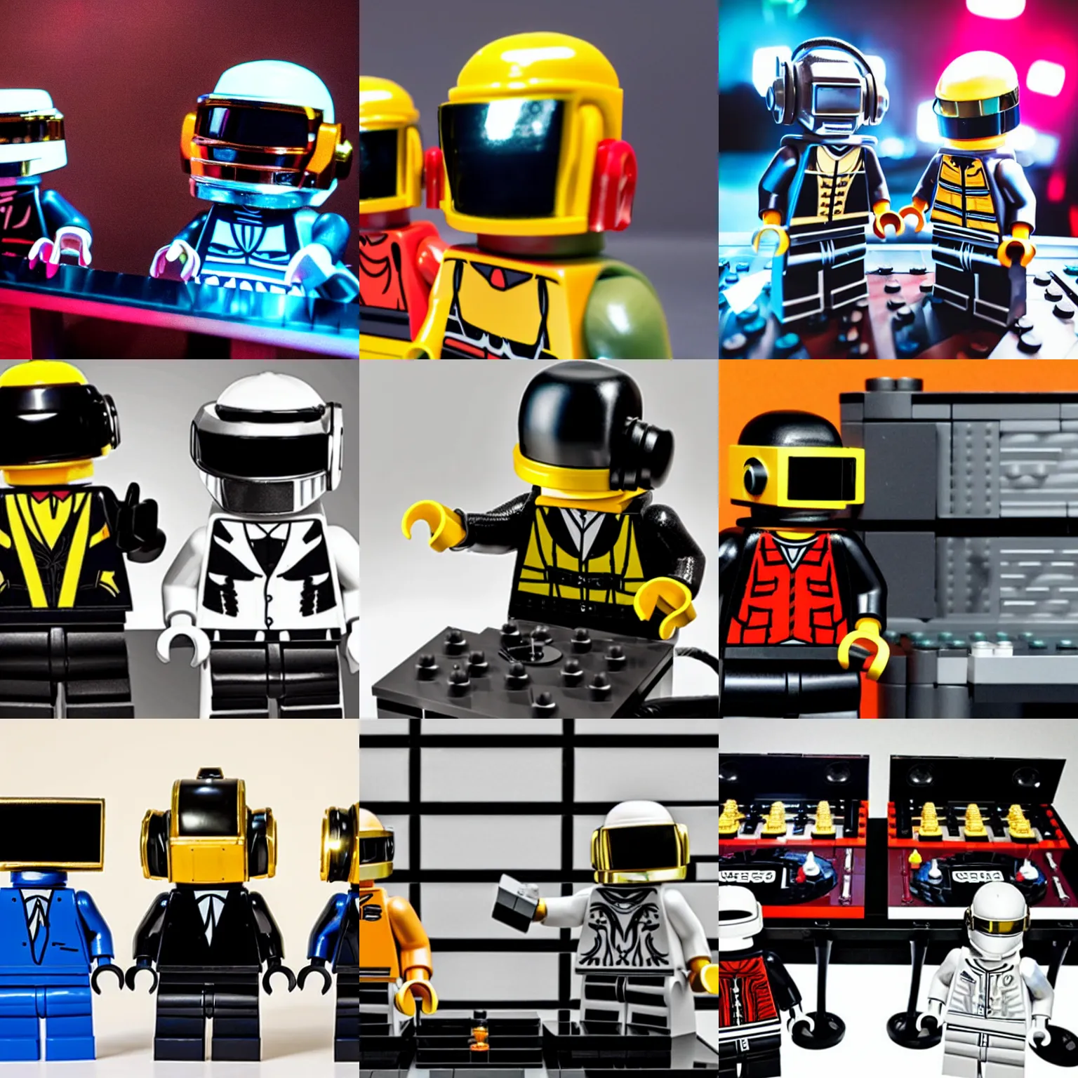 Prompt: Lego Daft Punk DJing with realistic DJ turntables