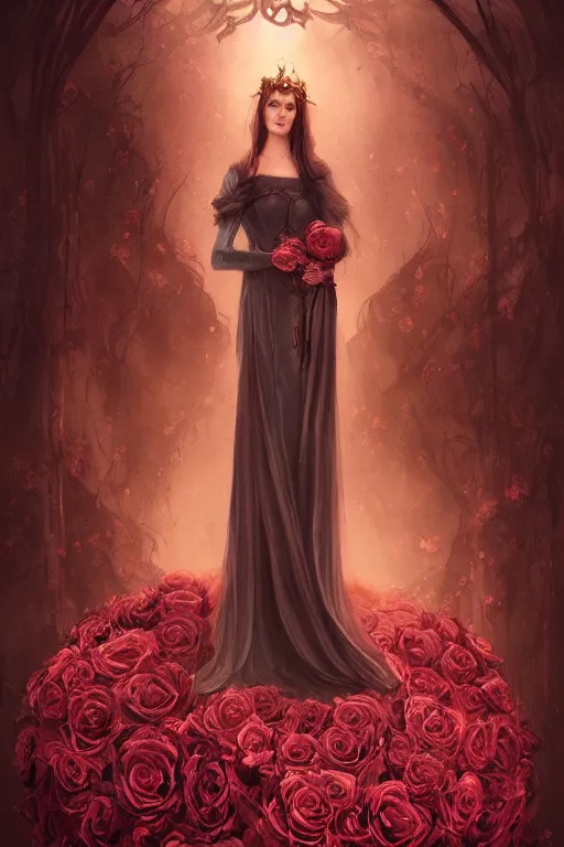 Prompt: elegant fairytale tower covered in roses, full body portrait of medieval princess, cottagecore, nostalgia of a fairytale, Exquisite, dramatic lighting, black paper, by Charlie Bowater, Anato Finnstark, Brom