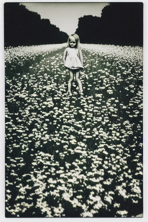 Prompt: photo polaroid of sad and lonely child in the middle of a country road with many flowers in the fields, loneliness, black and white ,photorealistic, 35mm film,