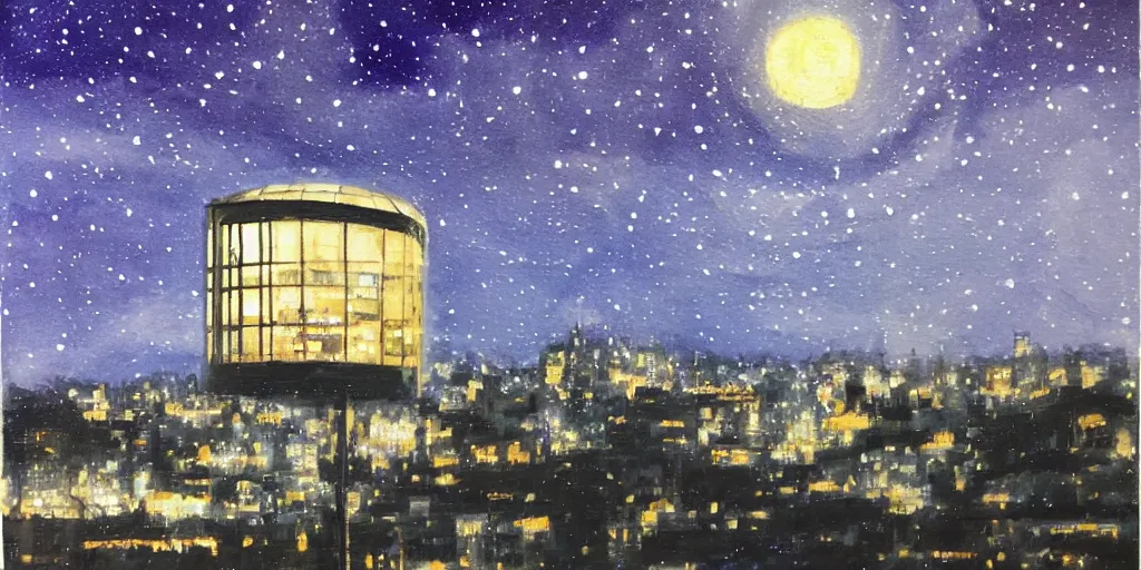 Image similar to stary night painting, norman foster tower, house, city