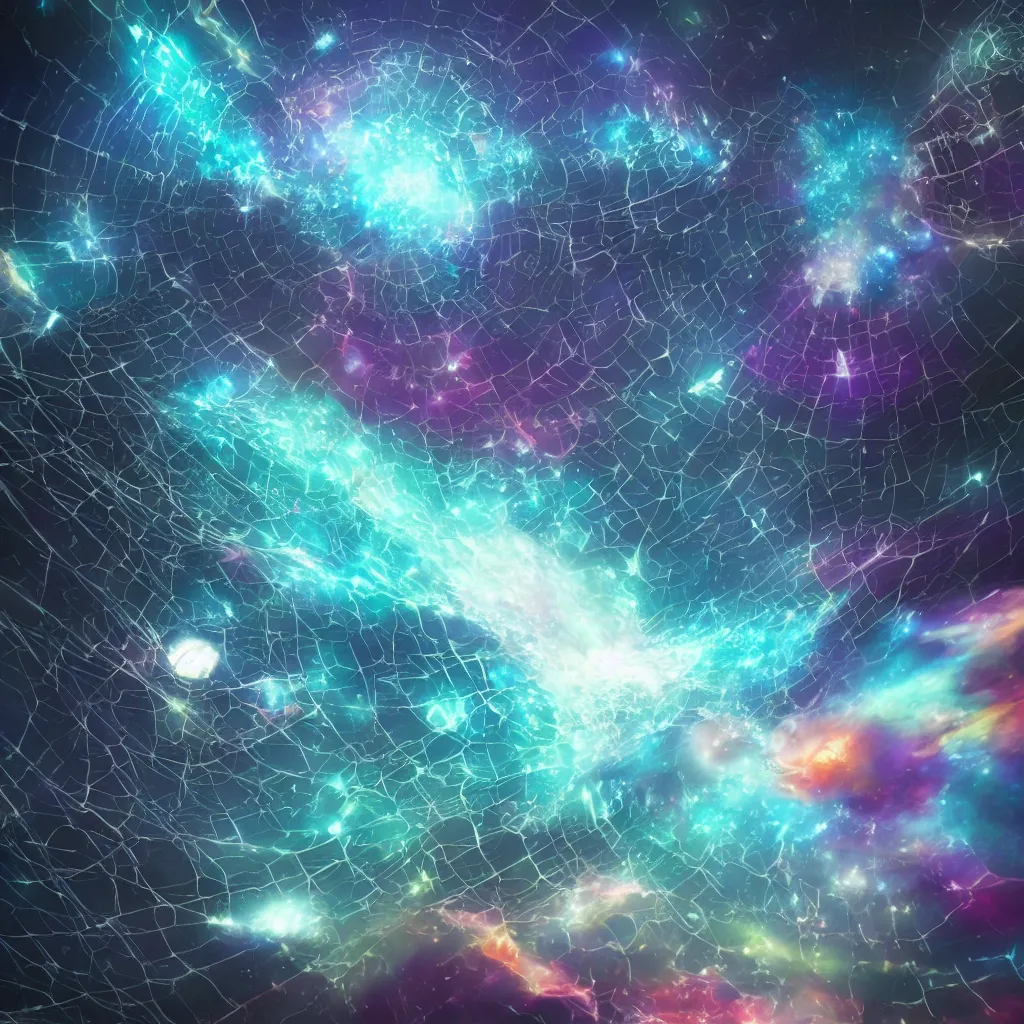 Image similar to letting go of reality and experiencing the quantum field and the cosmic void and the opalescent web of interconnectedness between all things. matte painting comic book art, cinematic, highly detailed, realistic, beautiful cosmic neural network, octane render, unreal engine, depth of field, trending on artstation, sharp focus, philosophical splashes of colors