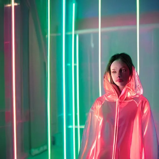 Image similar to A realistic and detailed portrait photography of a woman wearing a futuristic transparent raincoat with hoodie. by Annie Leibovitz. Neo noir style. Cinematic. Red neon lights and glow in the background. Cinestill 800T film. Lens flare. Helios 44m. Ultra detail. Photoreal. Depth of field.