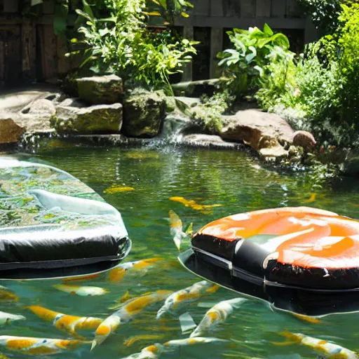 Prompt: car seats floating in a koi pond, 8 k