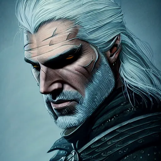 Image similar to Geralt of Rivia, golden eyes, silver hair, wolf pedant, 4k, artstation, cgsociety, award-winning, masterpiece, stunning, beautiful, glorious, powerful, fantasy art