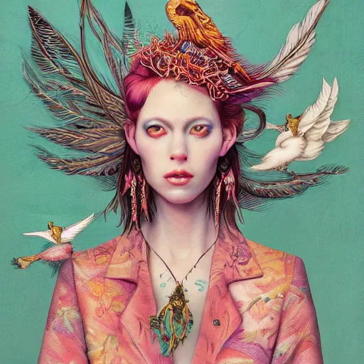 Image similar to pretty model with birds and feathers : : by martine johanna and simon stalenhag and chie yoshii and casey weldon and wlop : : ornate, dynamic, particulate, rich colors, intricate, elegant, highly detailed, vogue, harper's bazaar art, fashion magazine, smooth, sharp focus, 8 k, octane render