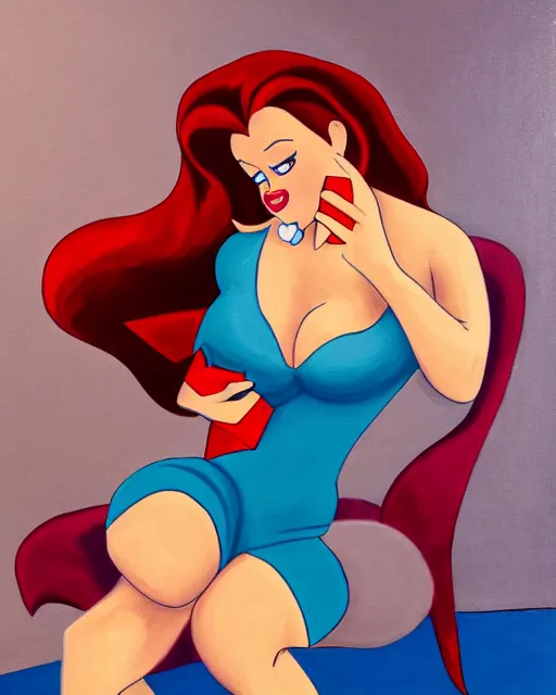 Prompt: Jessica Rabbit eating a bag of Doritos, sitting on a chair, oil painting, traditional animation portrait