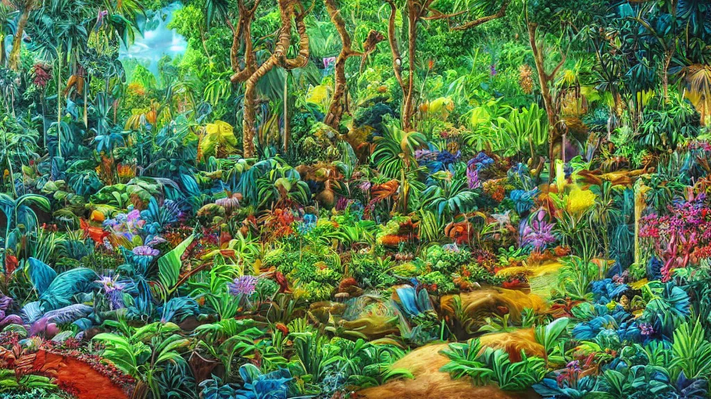 Prompt: detailed high quality landscape of oasis inside lush, vibrant jungle, detailed, hyperrealistic, landscape, colourful