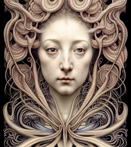 Image similar to beautiful young orchidwoman detailed realistic porcelain face portrait by jean delville, gustave dore, iris van herpen and marco mazzoni, art forms of nature by ernst haeckel, art nouveau, symbolist, visionary, gothic, neo - gothic, pre - raphaelite, fractal lace, intricate alien botanical biodiversity, surreality, hyperdetailed ultrasharp octane render