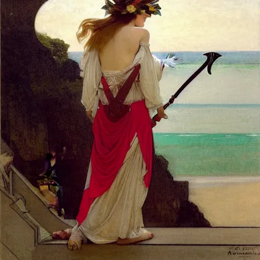 Prompt: A girl with jester clothes and a sword on the front of a Balustrade with a beach on the background, major arcana clothes, by paul delaroche, alphonse mucha and arnold böcklin arnold böcklin hyperrealistic 8k, very detailed