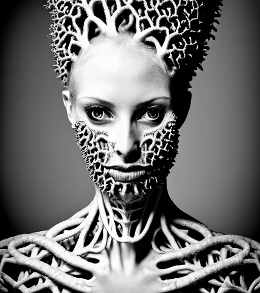 Image similar to a black and white high quality photo of a young beautiful female queen-vegetal-dragon-cyborg bust with a very long neck and Mandelbrot fractal face, Mandelbrot fractal skin, flesh, anatomical, facial muscles, veins, arteries, elegant, highly detailed, flesh highly baroque ornate, hair are wired cables, elegant, high fashion, rim light, octane render, in the style of Cindy Sherman, Realistic, Refined, Digital Art, Highly Detailed, Cinematic Lighting, rim light, black and white, photo-realistic, 8K