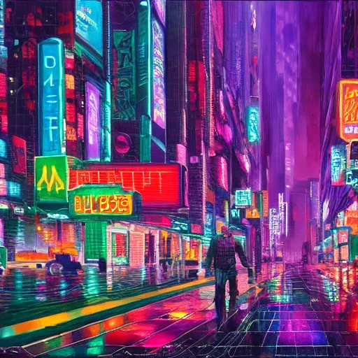 Image similar to an impressionist oil painting of a cyberpunk city with a lot of neon signs, highly detailed, texture, masterpiece, trending on artstation, pink, purple, huge scale, beautiful, isometric projection