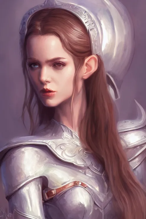 Image similar to three-quarters portrait pose of a beautiful woman, slim body, shining armor, elf warrior, fantasy, intricate, elegant, highly detailed, digital painting, artstation, concept art, matte, sharp focus,D&D, illustration, art by Stanley Lau