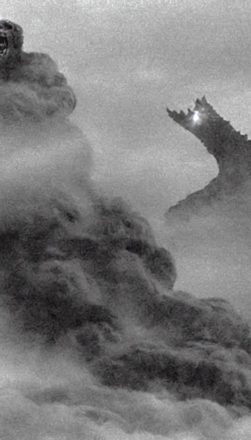 Image similar to a filmstill of a north korean monster movie, kaiju - eiga monster with starfish - arms trampling a traditional korean palace, foggy, film noir, epic battle, etheral, explosions, communist propaganda, communist epic thriller produced by kim jong - il, cinematography by akira kurosawa and tim burton, video compression