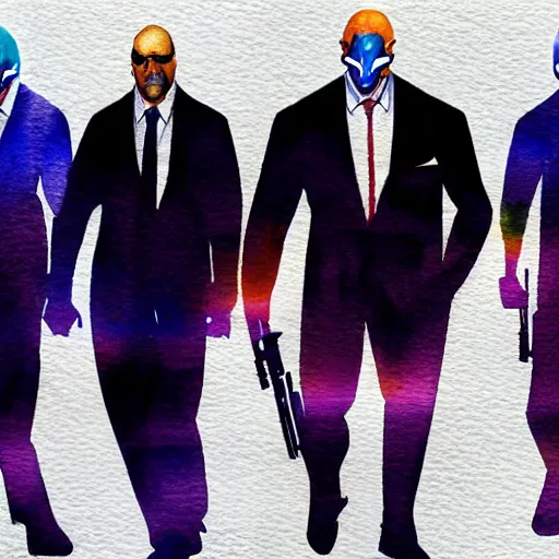 Image similar to A watercolor painting of Dallas from Payday 2, Jerma, JC Denton and Dwayne The Rock Johnson walking down a road. The sun is rising in the back, trending on artstation, very detailed