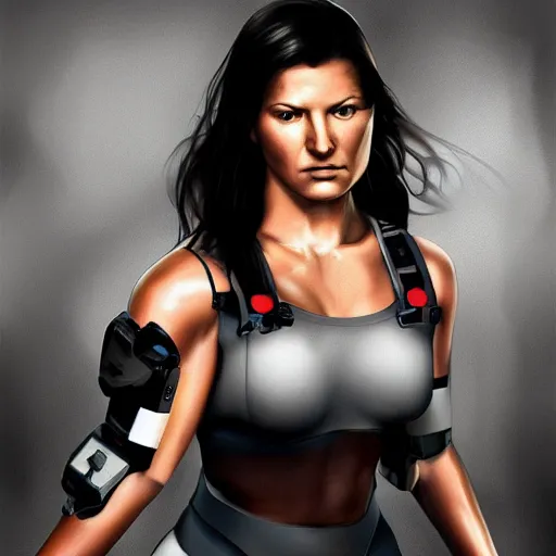 Prompt: beautiful digital painting of gina carano with a robotic arm, cyberpunk, highly detailed, hyperrealism, concept art