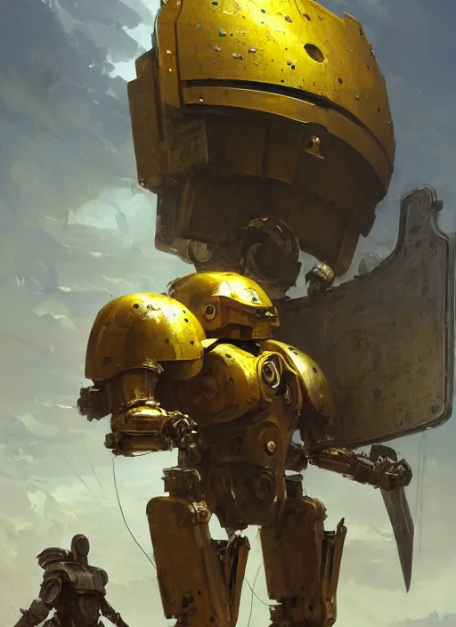 Image similar to human-sized strong intricate humanoid yellow pit droid carrying very detailed perfect antique great sword and beautiful large paladin shield, pancake short large head, exposed metal bones, painterly mecha, by Greg Rutkowski