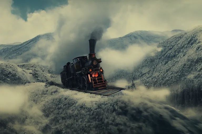 Prompt: steam engine in the mountains with huge steam clouds, snowy mountains in the background , ultra low camera angle, super wide lens, tilted camera, high speed motion, cinematic, ultra resolution, octane render, top trending artstation, 4k, 8k, hyper realistic, digital art, incredible details,