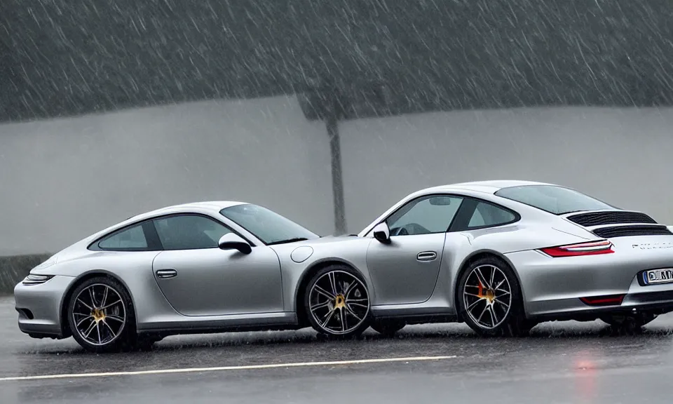 Image similar to photo of a porsche 9 1 1 driving fast in the rain