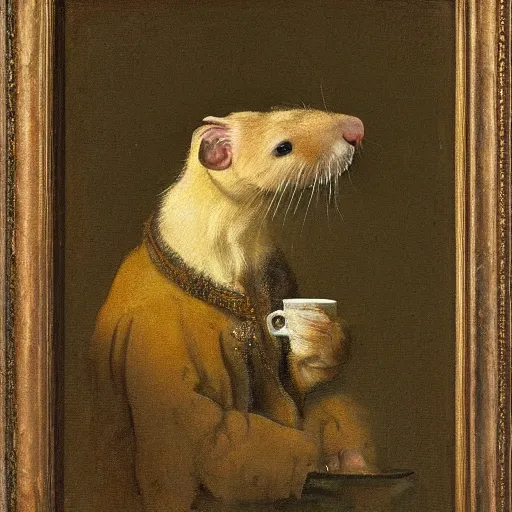 Prompt: Portrait of a molerat drinking tea, painted by Rembrandt