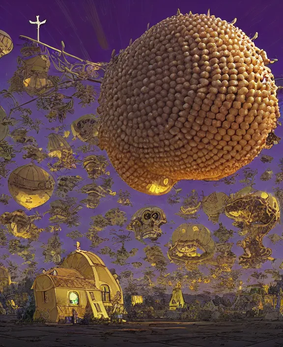 Image similar to inflated church made from obese urchin mollusks, in the style of a puffy spaceship, skeletons, bones, partly cloudy, spooky, dramatic lighting, by geof darrow, bill sienkiewicz, dan mumford, yusuke murata, makoto shinkai, ross tran, cinematic, unreal engine, cel shaded, featured on artstation, pixiv