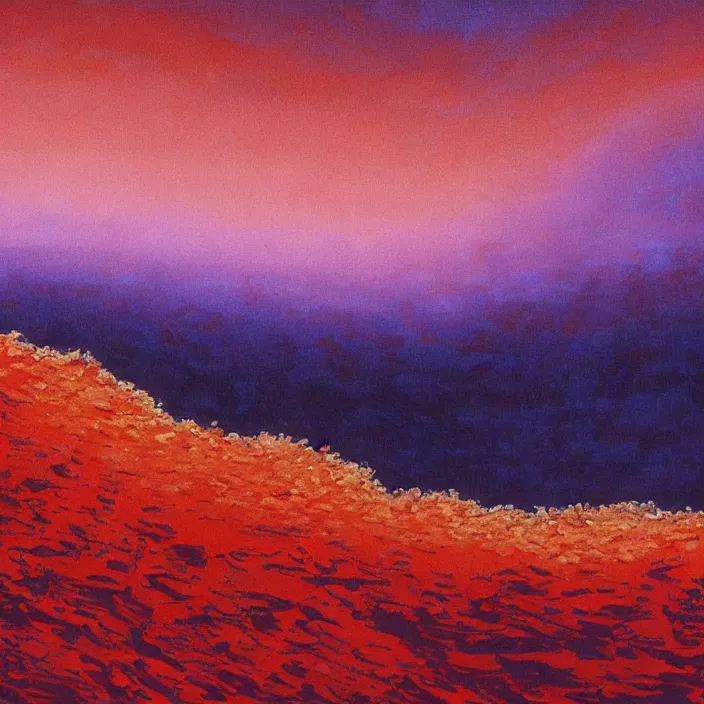 Image similar to a alien planet with a red ocean and blue sand and rocks at sunrise, bob ross painting, high coherence, highly detailed, high quality, masterpiece, award - winner, hyperrealistic