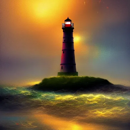 Prompt: beautiful impressionist mysterious digital painting about a scary light house glowing in the dark of a stormy night, trending on artstation, gloomy, moody, highly detailed