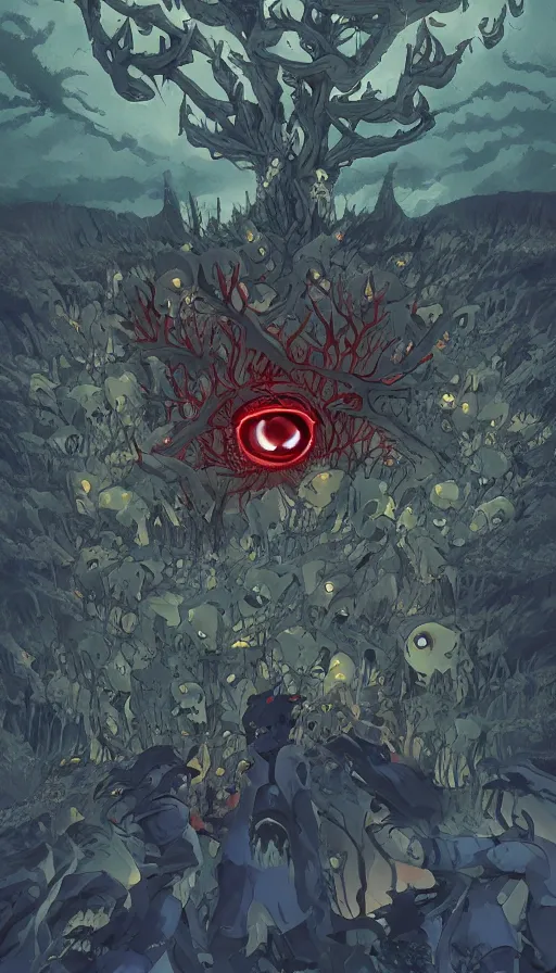 Prompt: a storm vortex made of many demonic eyes and teeth over a forest, by gainax co,