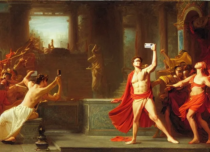 Prompt: julius caesar taking a selfie as rome burns behind him by thomas cole and vladimir volegov and alexander averin and pierre auguste cot and delphin enjolras