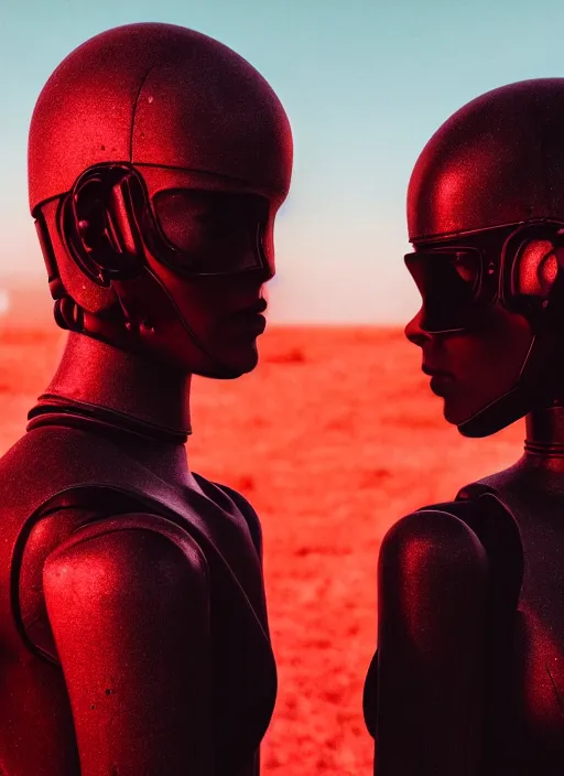 Image similar to cinestill 5 0 d photographic portrait of two loving female androids wearing rugged black techwear on a desolate plain with a red sky in front of a brutalist structure, extreme closeup, cyberpunk style, dust storm, 8 k, hd, high resolution, 3 5 mm, f / 3 2, ultra realistic faces, ex machina