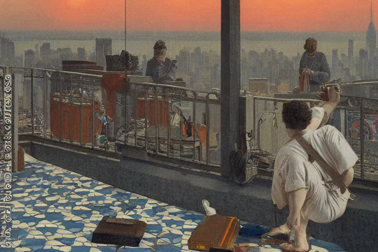 Image similar to painting of a diskjockey in a rooftop, watching new york, beautiful, sunset, romantic, by ludwig deutsch and maxfield parrish, patterned tilework, extremely detailed, cinematic lighting, smooth sharp focus