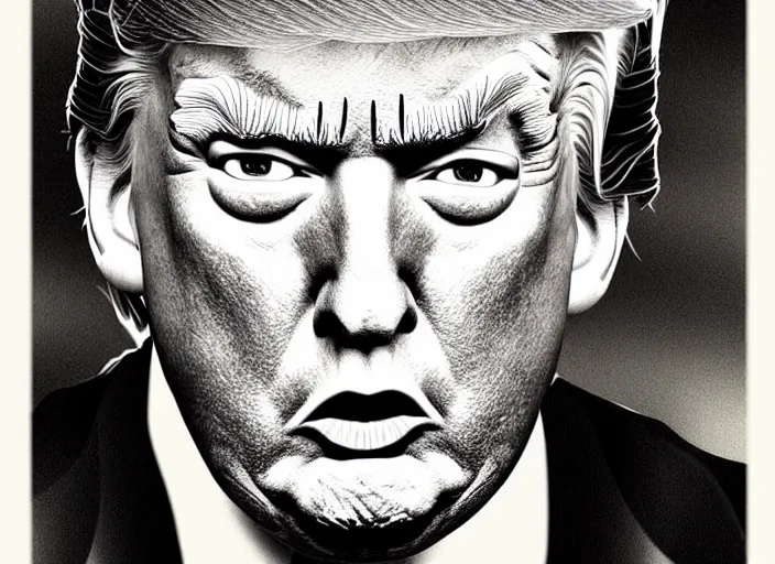 Image similar to an extremely detailed masterpiece grunge drawing of donald trump, in the style of richard avedon, after life, loony toons style, horror themed, detailed, elegant, intricate, trending on artstation, 4 k