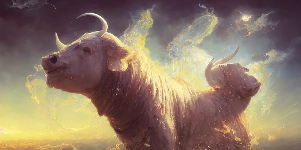 Image similar to sacred cow, ceremonial clouds, dripping paint, fibonacci rhythm, artstation, art germ, wlop, karol bak, christopher balaskas, ross tran