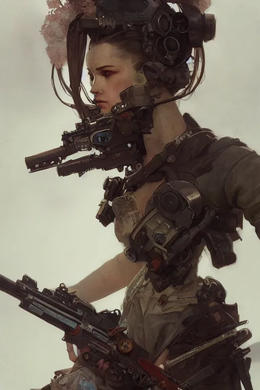 Image similar to A full portrait of a beautiful post apocalyptic heavy gunner, intricate, elegant, highly detailed, digital painting, artstation, concept art, smooth, sharp focus, illustration, art by Krenz Cushart and Artem Demura and alphonse mucha