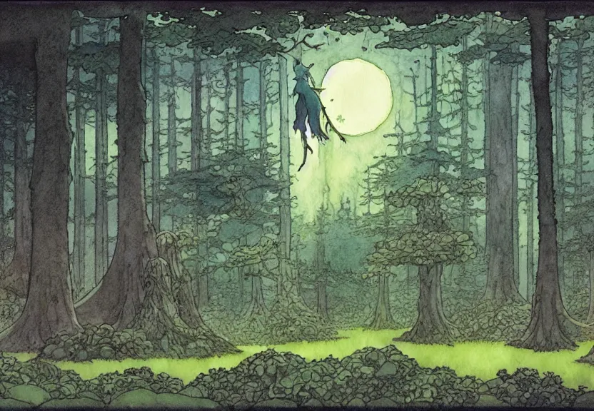 Prompt: a simple watercolor fantasy concept art of a giant dark grey cube floating in a forest clearing at night. by studio ghibli, rebecca guay, michael kaluta, charles vess