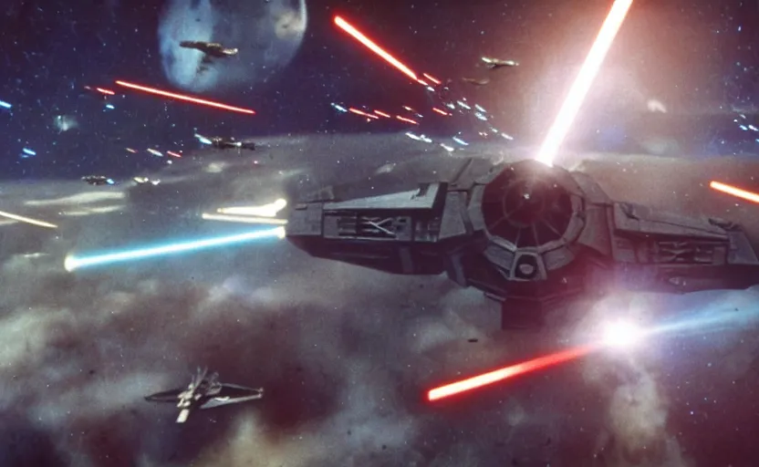 Image similar to iconic cinematic screen shot of scene x wing space battle against new tie fighter desing, from the action packed scene from the 1 9 7 0 s star wars sci fi film by stanley kubrick, glowing lasers, kodak film stock, anamorphic lenses 2 4 mm, lens flare, iconic cinematography, award winning