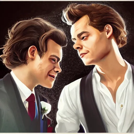 Prompt: wedding day with harry styles, concept art, trending on artstation, highly detailed, intricate, sharp focus, digital art, 8 k