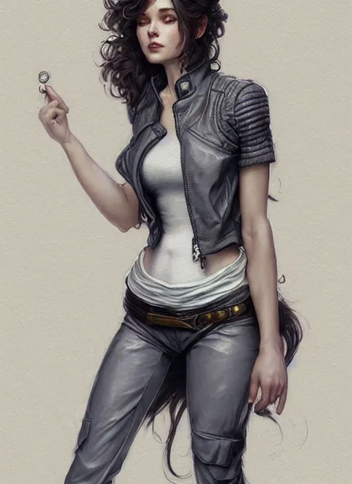 Image similar to girl in very short white! top and very short gray! leather jacket, open belly, long dark curly hair, high waist sweatpants, intricate, elegant, highly detailed, digital painting, artstation, concept art, smooth, illustration, art by artgerm and greg rutkowski and alphonse mucha