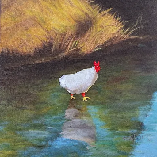 Image similar to a chicken next to a stream oil painting